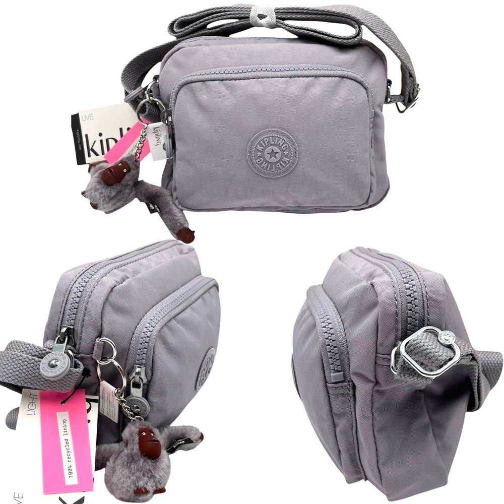 Kipling Womens Small Crossbody Bag Dove Grey Nylon Water Repellent Travel Bag